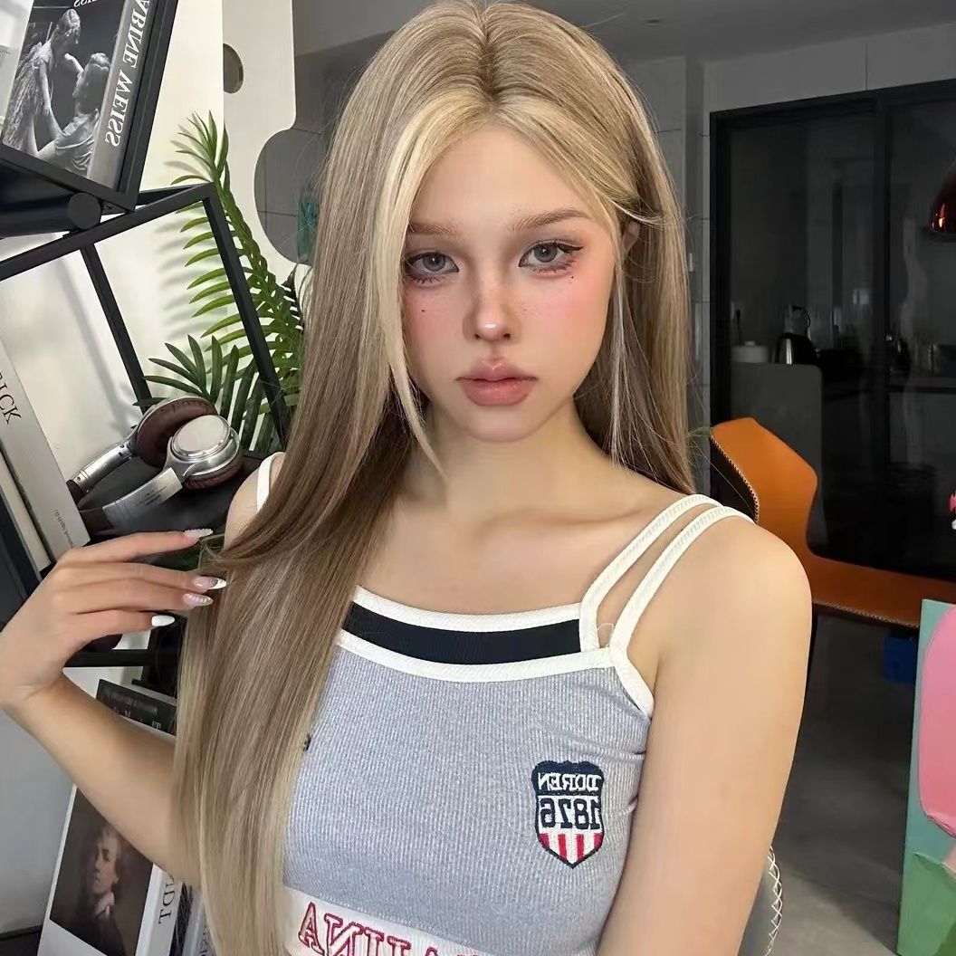 Forehead Lace Wig Female Full Head Golden Brown Gradient Center-parted Wig