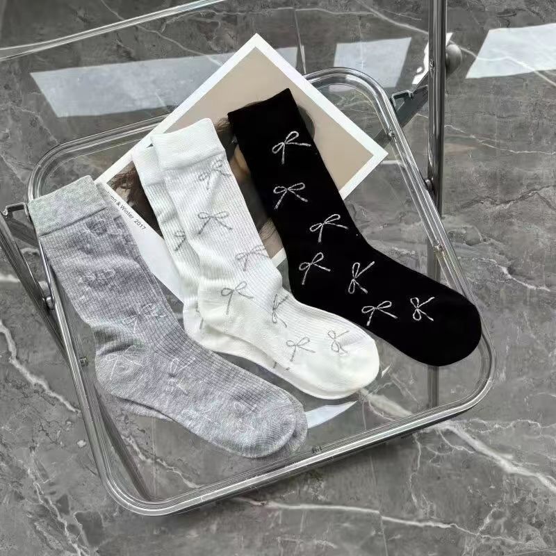 3-Pack Coquette Bow Print Crew Socks, Ribbed Knit Mid-Calf Socks, Cute Casual Socks For Women & Girls