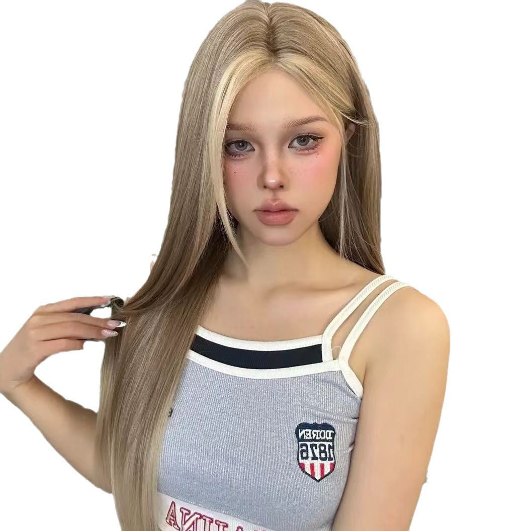 Forehead Lace Wig Female Full Head Golden Brown Gradient Center-parted Wig